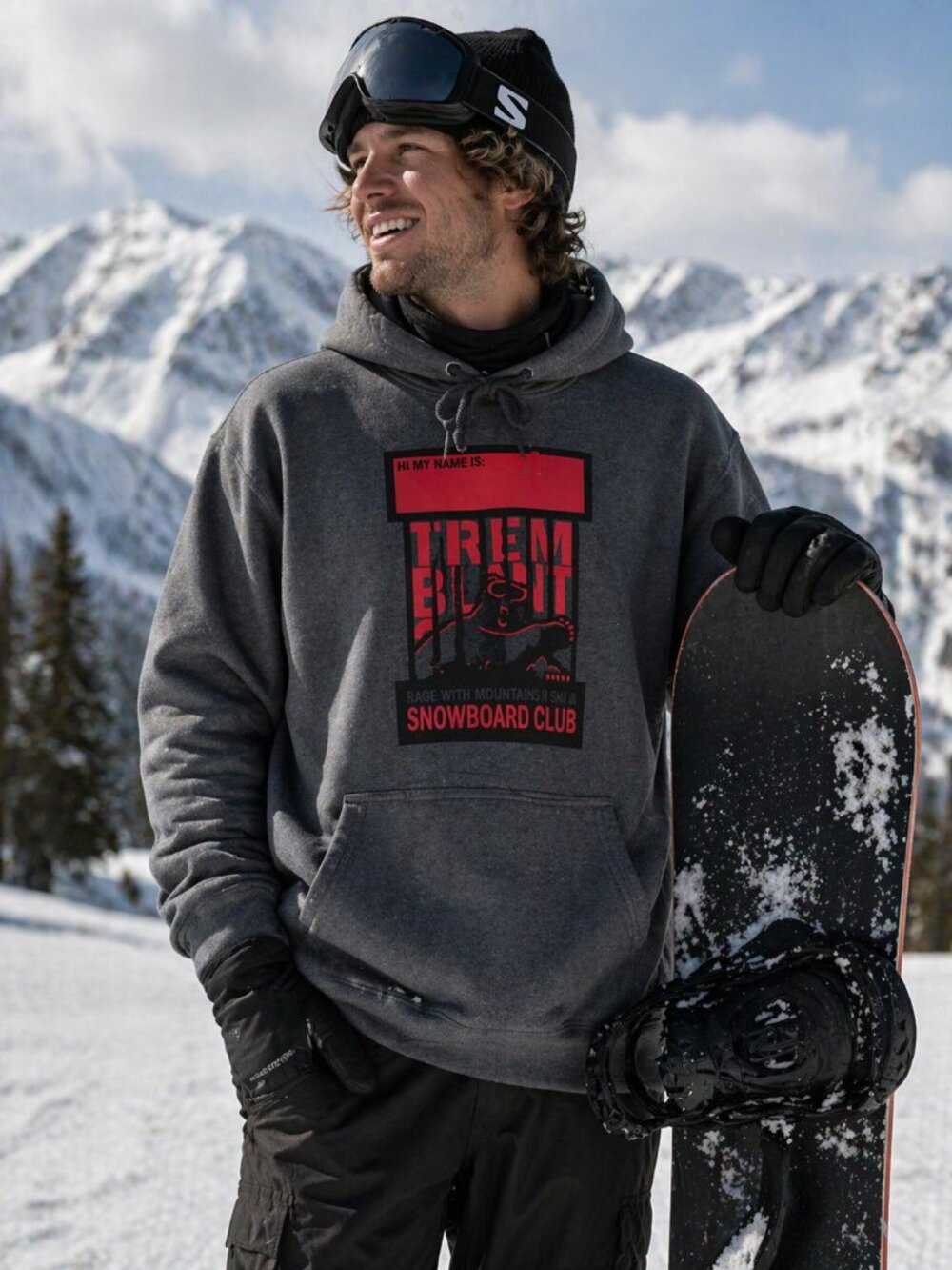 Gildan Heavy Blend Hoodie Graphics "Snowboard Club" Grey Size Large Adult Y2K